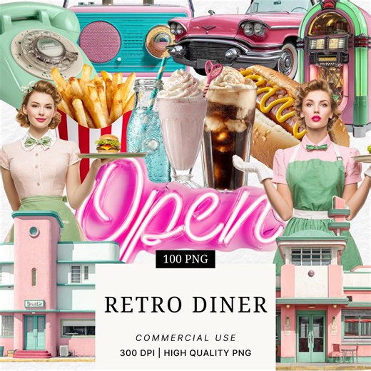 Retro Diner Clipart: 50s Cafe Illustrations (digital Download - Etsy