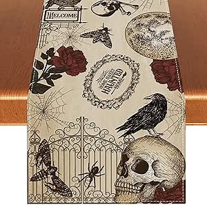 Retro Halloween Table Runner Halloween Gothic Skull Tablecloth Day of The Dead Roses Skull Decor Halloween Decorations and Supplies for Home Kitchen Table-13×72’’