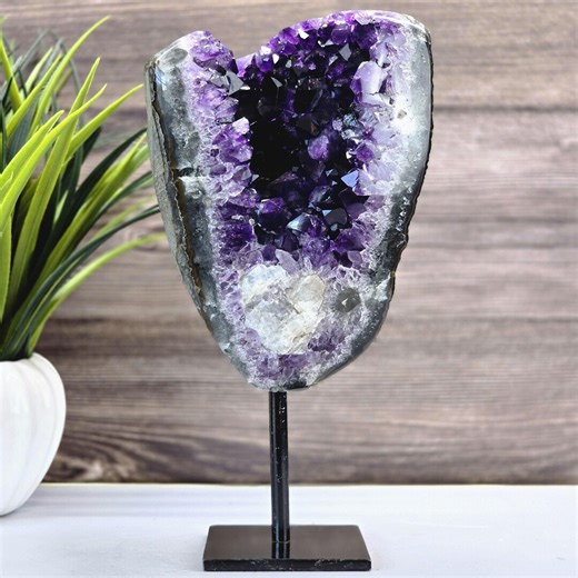 Deep Amethyst Geode With Calcite – Elegant Natural Crystal on Metal Base - Etsy