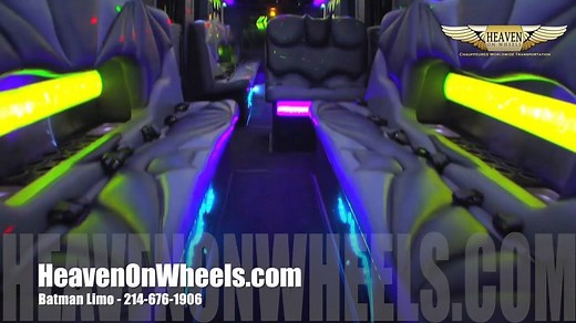 Introducing the most unique, custom build stretch MONSTER LIMO EVER! The BATMAN stretch limo!! Check out the video below, this one-of-a-kind limo is completely custom from the ground up. From Batman light up logos, to batman custom stitched seating, incredible disco ceiling and rear vip room! If your looking for something way out there, completely unique and exotic, well here it is! 35 Passengers and now available for Prom Season, Quinceanera's, nights out, birthday parties or anything your hear