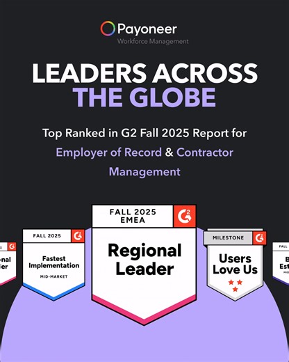5.1K views · 46 reactions | Payoneer Workforce Management is proud to be named as a Leader in G2’s Fall 2025 Report across key categories including Employer of Record, Contractor Management, Contractor Payments, Global Employment Platforms, Onboarding, HR Compliance, and Multi-Country Payroll.  Thank you to our customers for your trust and reviews—this one’s for you!   See why teams choose us for global hiring  https://paynr.co/4plUp71 | Payoneer | Facebook