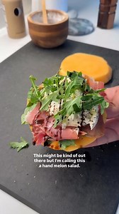 🍈HAND MELON SALAD This might be the most unexpected melon salad sandwich you’ll ever make. �Think fruit salad meets prosciutto sandwich with a few italian flavors and vibes added in. If you’re looking for healthy summer recipes, fun summer snacks, or a fun twist on the classic prosciutto e melone appetizer, this one’s for you. It’s sweet, salty, creamy, peppery, and refreshing. Here is how I made it: 1.Slice a ripe cantaloupe into rounds and trim the ends. You can use the rest of the cantaloupe