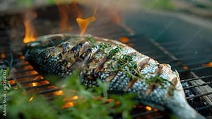 A freshly caught fish is being cooked to perfection in a bed of wild herbs and hot coals on a campfire grill.