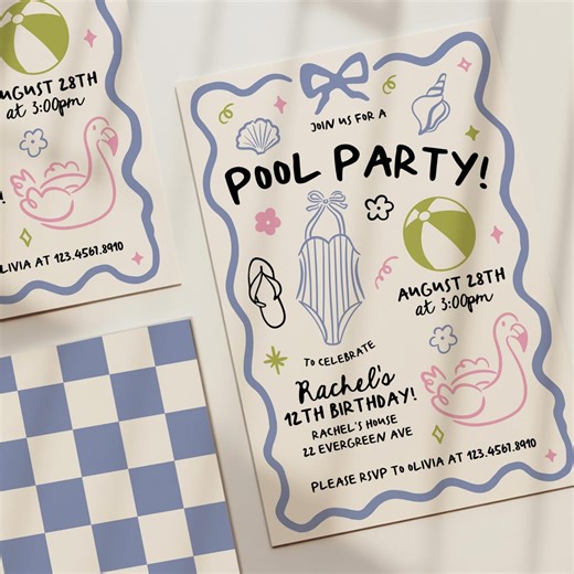 Pool Party Birthday Invitation, Any Age Summer Birthday Party Template - Etsy