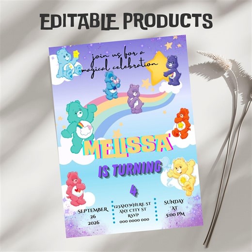 Care Bears Birthday Invitation, Printable Editable Birthday Party Invite, Digital Party Invitation Template, Care Bears Invitation Card - Etsy