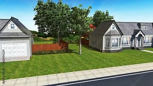 Animation of a large house showing views from outside and the interior of the room downstairs and upstairs, ideal as a promotional advert for selling homes.