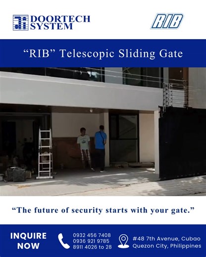 The RIB Telescopic Sliding Gate by Doortech System is built to redefine modern property access. Perfect for residential, commercial, or industrial use, this gate offers: ✔️ Telescopic Design for maximum space efficiency ✔️ Smooth Automation for hassle-free entry and exit ✔️ Enhanced Security to protect what matters most ✔️ Durable Build engineered for long-term performance Because the future of security starts at your gate. 🚪🔒 📲 0932 456 7408 | 0936 921 9785 ☎ 8911-4026 to 28 #DoortechSystem 