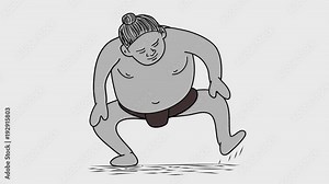 2d Animation motion graphics showing a Japanese sumo wrestler stomping his feet using the ceremonial stomping technique of shiko done drawing style on white screen in HD high definition.