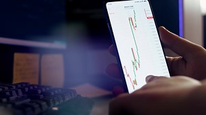 Download Bitcoin cryptocurrency price graph chart on mobile phone screen, cryptocurrency future price prediction concept for free