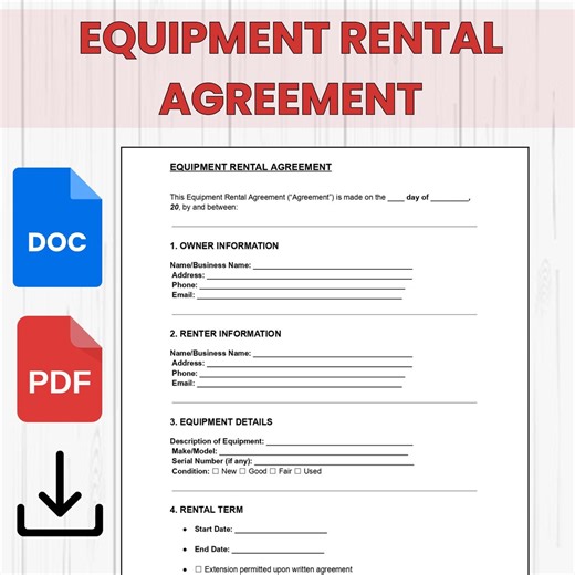 Equipment Rental Agreement Template | Editable Equipment Lease Contract | PDF, Word, Google Docs - Etsy