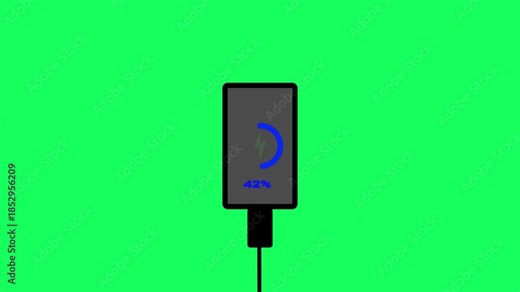 Smartphone charging animation with battery charge indicator and USB cable plug in on green back ground.