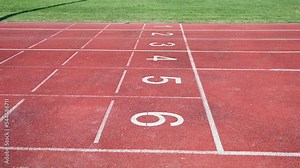 Running track numbers. Red running track with lanes and numbers. Starting positions for running at stadium.