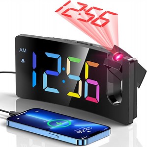 Teetheory Projection Alarm Clock, Digital Clock with 180° Rotatable Projector, 3-Level Brightness Dimmer, LED Display, USB Charger, Progressive Volume, 9mins Snooze, Digital Alarm Clock, Colorful
