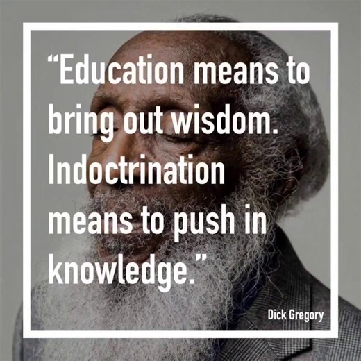 "Education means to bring out wisdom. Indoctrination means to push in knowledge" - Dick Gregory ❤️💚🖤 #dickgregory #education #wisdom #educate #indoctrination #indoctrinate #knowledge #institution #educationsystem #school #college #university #uni #wise #criticalthinking | Black HistoryStudies