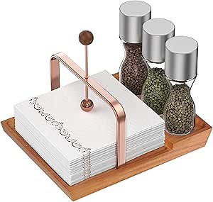 Napkin and shaker holder, Wood Napkin Holder for Table, Dining Napkin Holders with Salt Shakers Holder Space, Flat Napkin Holder Paper Storage for Kitchen Outdoor (Seasoning Jar Not Included), Brown