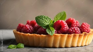Bright and zestful lemon tartlets garnished with raspberries and mint leaves with lemon wedges