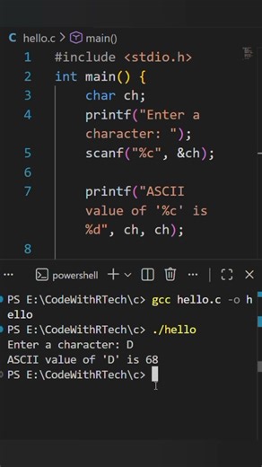 Find ASCII Value of a Character in C 🔤 | User Input #ascii #short #edits