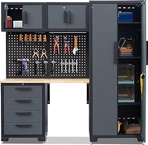 Garage Storage Cabinet System 7-Pcs Workshop Set Garage Cabinets and Storage System with Steel Cabinet Drawers, Workbench, Pegboard for Tool Organization