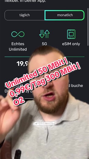 Zwei starke eSIM-Optionen im O2-Netz: • Unlimited Internet mit 50 MBit – monatlich kündbar • Oder 300 MBit für nur 0,99 € pro Tag – täglich kündbar Welche würdet ihr nehmen? ANZEIGE | #o2 #esim #unlimitedinternet #handytarif #sparhack