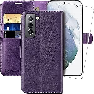 MONASAY Wallet Case Compatible for Galaxy S22 5G, [Included Screen Protector][RFID Blocking] Flip Folio Leather Cell Phone Cover with Credit Card Holder, Purple