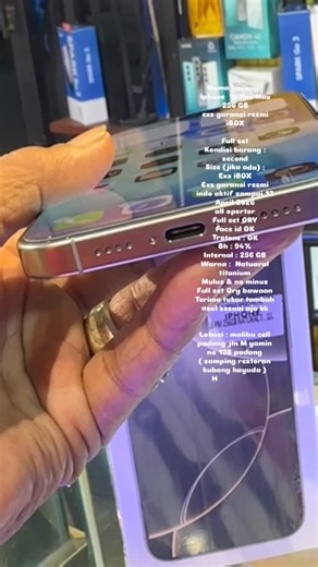 Malibucellpadang on Instagram: "Nama barang : Iphone 16 Pro Max 256 GB exs garansi resmi iBOX Full set Kondisi barang : second Size (jika ada) : Exs iBOX Exs garansi resmi indo aktif sampai 13 April 2026 all opertor Full set ORY Face id OK Trotone : OK Bh : 94% Internal : 256 GB Warna : Natuaral titanium Mulus & no minus Full set Ory bawaan Terima tukar tambah asal sesuai aja kk Lokasi : malibu cell padang jln M yamin no 138 padang ( samping restoran kubang hayuda ) Harga jual : 17.950.000 . (ne