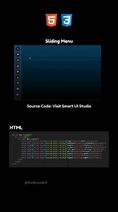 thinkncodeit on Instagram: "Sliding Menu using HTML | CSS ⚡ 🔴 Source Code: It is available on the website ⚡ 🌐 Website: Smart UI Studio | For More Details Check pinned post✅ #css #web #webdevelopment #html5 #code #js #csstips #javascript #coding #frontend #learndesign #designtips #html #programming #100daysofcode #csstricks #vscode #developer #coder #website #csstips #csstipoftheday #webdeveloper #frontenddeveloper #coding #learnhtml"