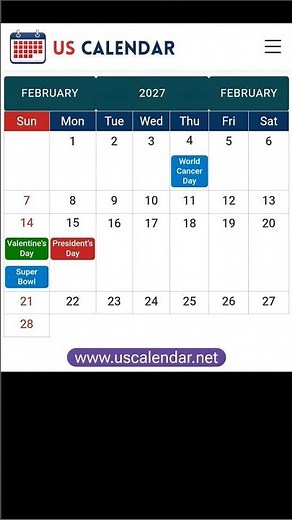 🗓️ February 2027 Calendar United States 🇺🇸 with Federal Holidays and Important Dates