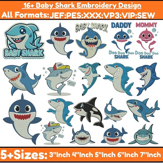 Baby Shark Machine Embroidery Design Fish Animal Embroidery Magical Fish Embroidery Shark Applique Embroidery Design Pes File5 size Download - Etsy
