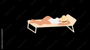 Girl relaxing and sunbathing on the beach on transparent background. Young girl lying beach chair with hat, flat vector lady character sunbathing. Motion graphic