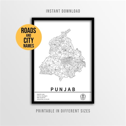 Punjab India Map Poster, Printable Road Map With City Names (instant Download) - Etsy Canada
