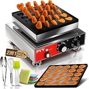 PYY Mini Pancakes Maker Machine - 25pcs Electric Mini Waffle Irons Bakers With Round & Heart Shape Nonstick Molds Commercial Pancake Poffertjes Maker Mini Dutch Pancake Maker For Restaurant Snack Bar