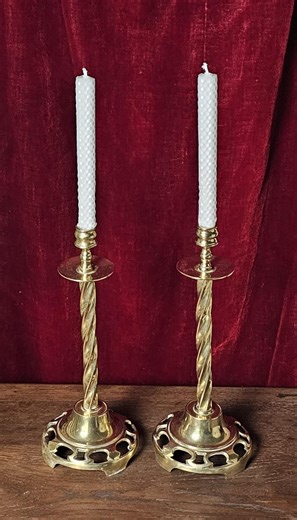 Edwardian Brass Candlesticks: Barley Twist Columns, Pierced Base - Etsy