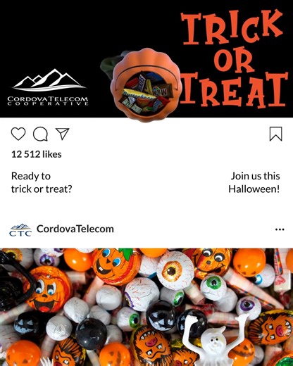 🎃Bring the kids to CTC today for Trick-or-Treat between 9-5! We've got candy for the kids, fresh baked cookies and a local gift certificate drawing for the grown-ups! | Cordova Telecom Cooperative