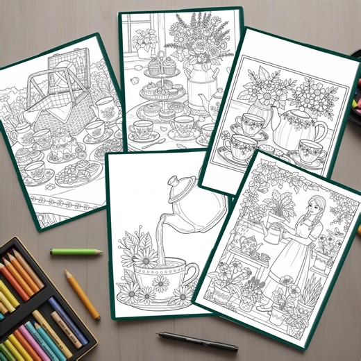 60 Floral Tea Party Coloring Pages | Cozy Cottagecore Flowers Coloring Book | Spring Tea Aesthetic & Nature Scenes | Printable PDF Download