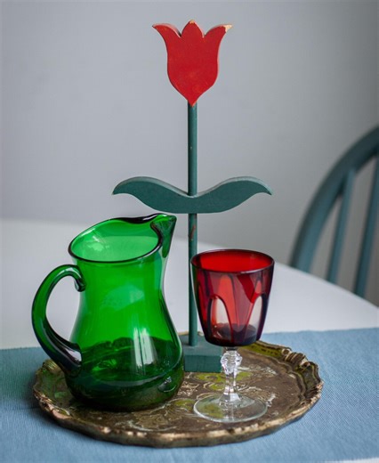 Vintage Green Glass Pitcher and Red Goblet Set, Mid Century Drinkware, Colored Glass Carafe With Stem Glass, Retro Barware Serving Set - Etsy