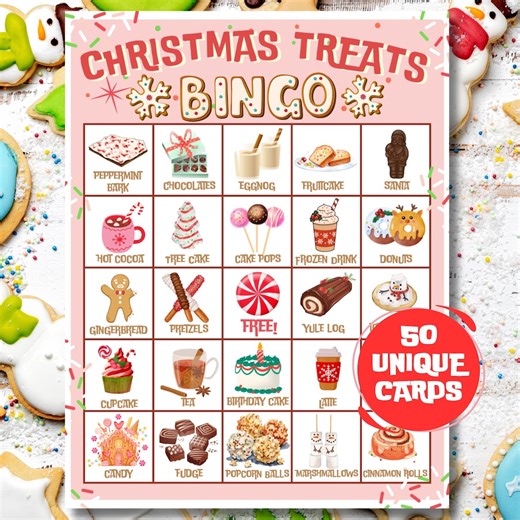 50 Christmas Bingo Cards | Holiday Treats & Candy Themed | Kids Holiday Party Game | Christmas Classroom Activity | Printable Family Bingo - Etsy