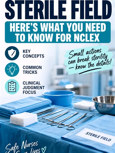Sterile technique is not just a skills-lab topic. NCLEX can test whether you recognize when a sterile field has been contaminated, which actions maintain sterility, what areas are considered unsterile, and what the nurse should do when sterility is questionable. Expect questions that make you decide whether to continue, correct the action, or start over to protect the patient from infection. #nclex #nclexprep #nclexrn #nclexpn #creatorsearchinsights