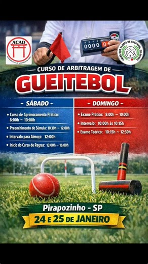@acad_pirapozinho on Instagram: "📚⚖️ CURSO DE ARBITRAGEM DE GUEITEBOL – ACAD ⚖️📚 A ACAD recebe, 24 e 25, sábado e domingo, em Pirapozinho, o Curso de Aprimoramento e Arbitragem de Gueitebol, fortalecendo a qualificação técnica, o esporte e a formação de novos árbitros, com apoio institucional e espírito de acolhimento. 🗓 Programação Oficial 🔹 SÁBADO 🕗 Curso de aprimoramento prático: 8h às 10h 📝 Preenchimento de súmula: 10h30 às 12h 🍽 Intervalo para almoço: 12h 📖 Curso de aprimoramento de