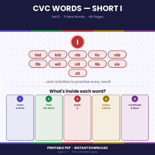 Short I CVC Words Worksheets Set 5 | Phonics Activities Kindergarten (PDF Printable) - Etsy