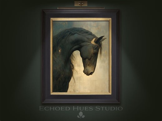 Vintage Black Horse Oil Painting | Noble Stallion Wall Art | Dark Academia Equine Decor | Gold Detail Animal Art | Digital Download - Etsy