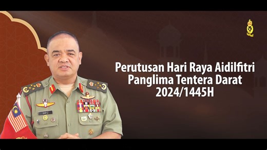 “Kita seharusnya menghayati makna sebenar Aidilfitri, iaitu hari untuk kita saling bermaafan, mengeratkan silaturahim dan memberi kepada yang memerlukan” - Panglima Tentera Darat Dengarkan perutusan khas sempena Hari Raya Aidilfitri Tahun 2024 daripada Panglima Tentera Darat, Jeneral Tan Sri Dato’ Muhammad Hafizuddeain bin Jantan. Semoga Aidilfitri tahun ini menjadi sinar baru yang mengeratkan lagi tali silaturahim yang telah sekian lama renggang sebelum ini. Selamat Hari Raya Aidilfitri Maaf Za