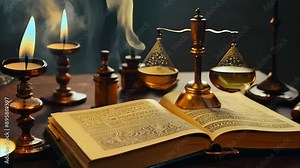 alchemist's table with antique books and various flasks and instruments for chemical experiments, mysterious atmosphere Stock Video