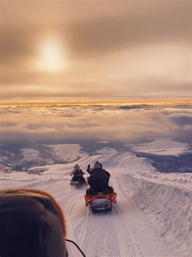 Traveling on an alien planet. The sunset snowmobile in Changbai Mountain, China.