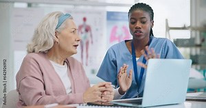 Nurse, senior woman and computer in healthcare support, hospital services and patient history, charts or results. Doctor and elderly person on laptop, physical therapy information and anatomy advice