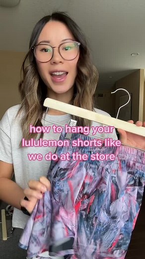 In case you were wondering how to hang your shorts like we do at the store here's a little tutorial! Alls your need is a simple pant hanger that has clips! How do you currently organize your shorts? #lululemon #lululemoneducator #lululemonshorts #lululemonhowto