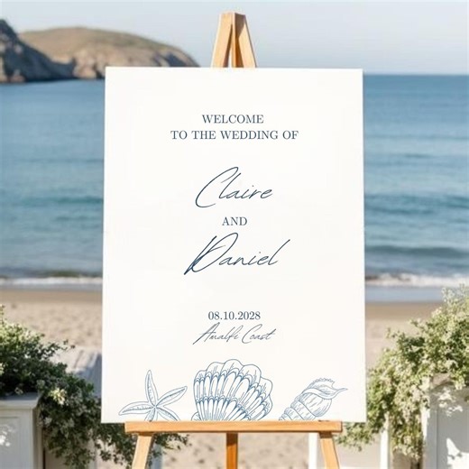 Seashell Wedding Welcome Sign Template, Minimal Beach Wedding Poster, Printable Editable, Canva Design, Coastal, Ocean, Digital Download