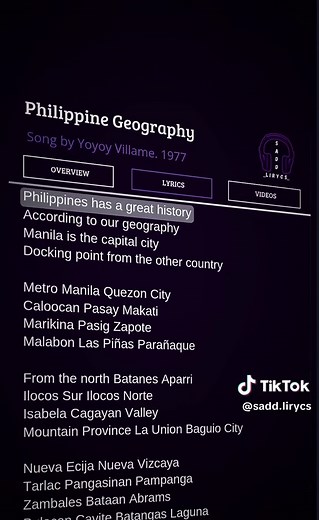 Philippine Geography.... | Lyric || 🙌🎧🎶🎙 | Song by Yoyoy Villame. 1977 . . . . . . . . . . . . . . . #lyrics #fyp #philippinegeography #musikviral #saddlirycs