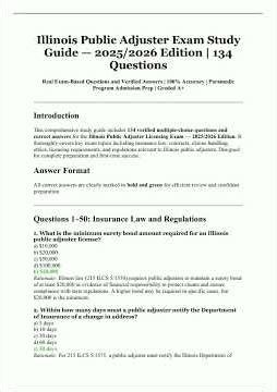 Illinois Public Adjuster Exam Study Guide 20252026 Edition 134 Questions Verified Licensing Prep Mat