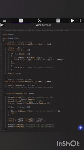 Caesar Cipher encryption and decryption using an encryption key in C#. #csharp #code #coder #coding