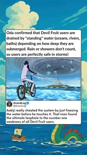 Oda confirmed that Devil Fruit users are drained by standing water oceans, rivers, baths depending o